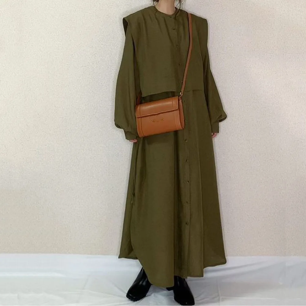 

Vintage Long Dress Women Fashion Patchwork Autumn Long Sleeves Japanese Style Button Office Lady Casual Female Maxi Dresses 2022