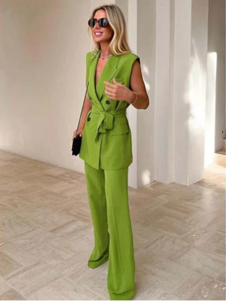 V-neck Chic and Elegant Woman Pants Set Woman 2 Pieces Double Breasted Belt Vest Suit Blazer Suits Women's Clothing