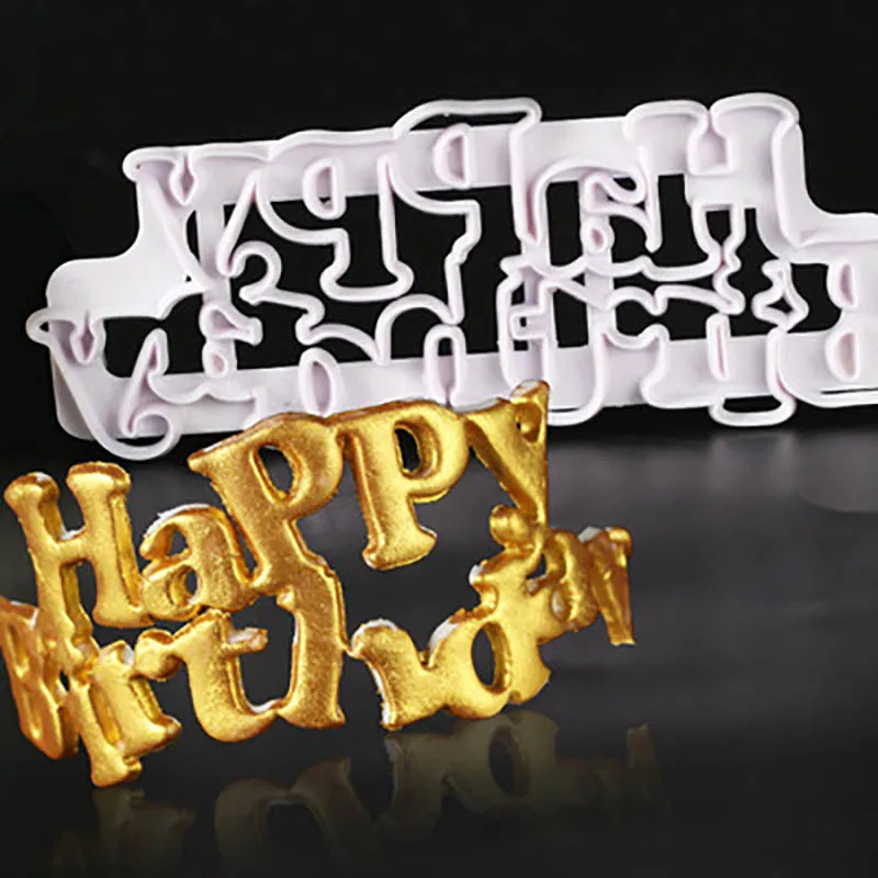 

Happy Birthday Cookie Cutter Mold Letter Shape Fondant Cake Biscuit 3D Chocolates Kitchen Stamp Decorating Tools Baking Printing