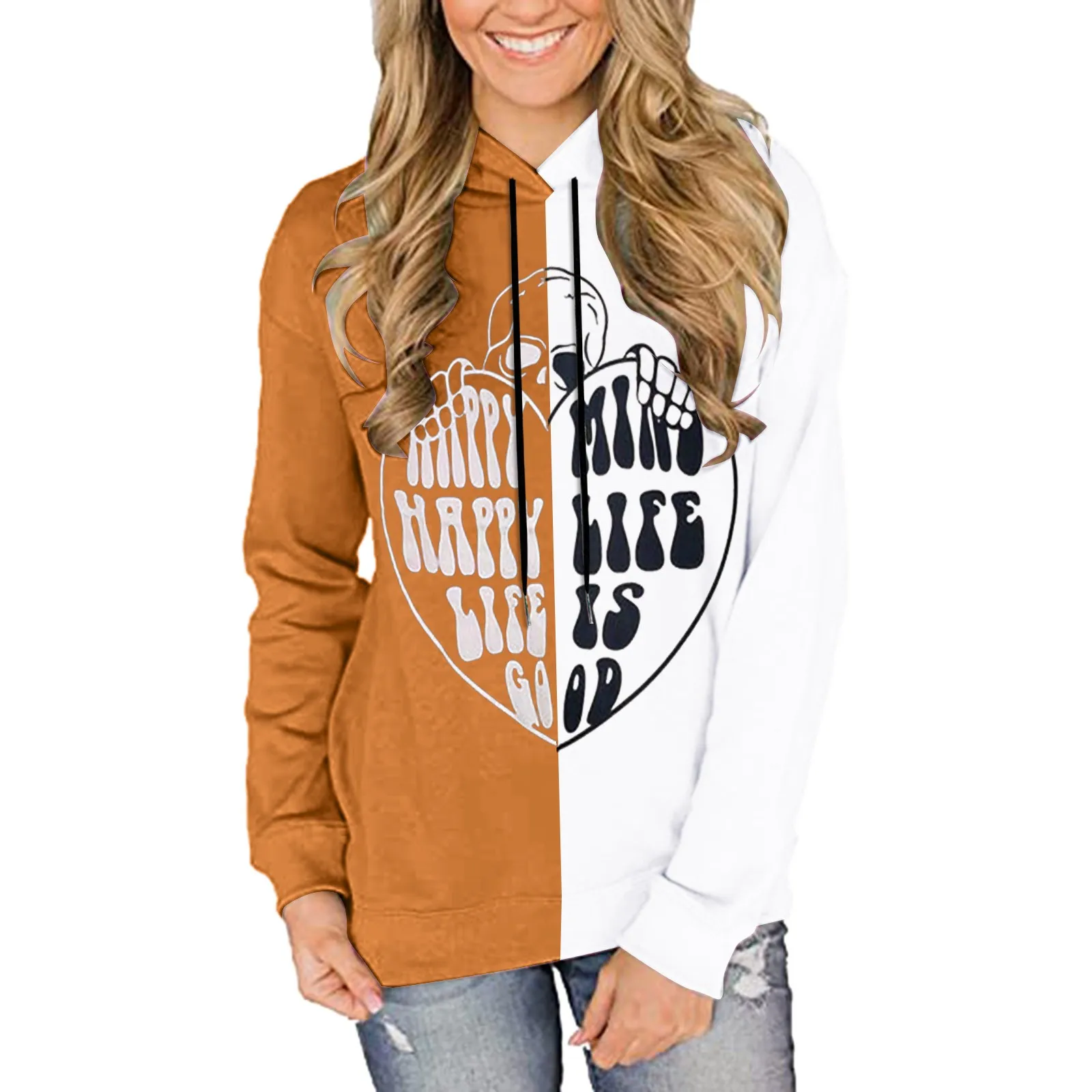 

Womens Loose Sweatshirt Sweatshirt Long Sleeve Punk Print Paneled Pullover Hoodie Pocket Hole