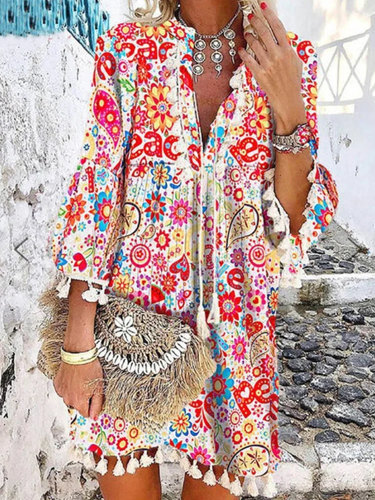 

2021 Daisy Print Bohemian Women Dress Burretfly Three Quarter Sleeve Women Dress Loose Waist Placket Lace Up Tassel Lady Dress