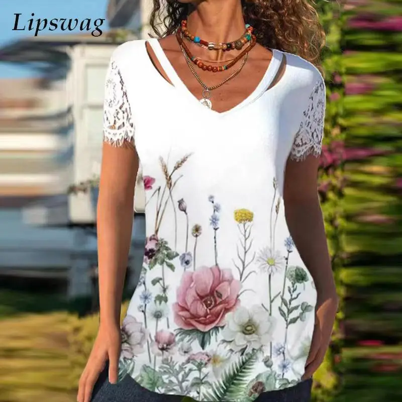 

Женская Кружевная блуза с цветочным принтом, V-образным вырезом и коротким рукавом