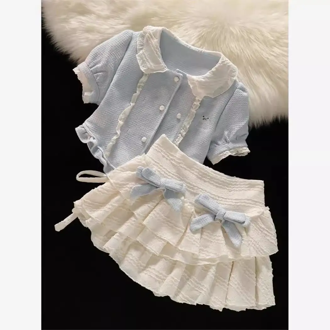 Милый топ с воротником Питера Пэна молочно-синего цвета короткими рукавами +