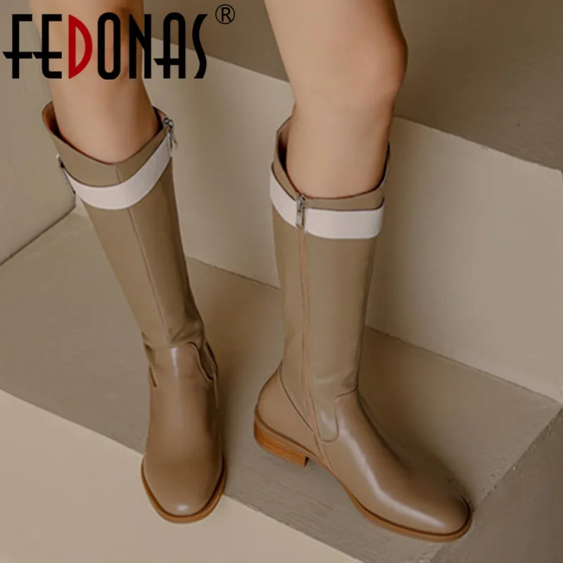 

FEDONAS Concise Rome Woman Knee High Boots Autumn Winter Warm Cow Leather Party Basic Office Prom Belt Buckle Shoes Woman