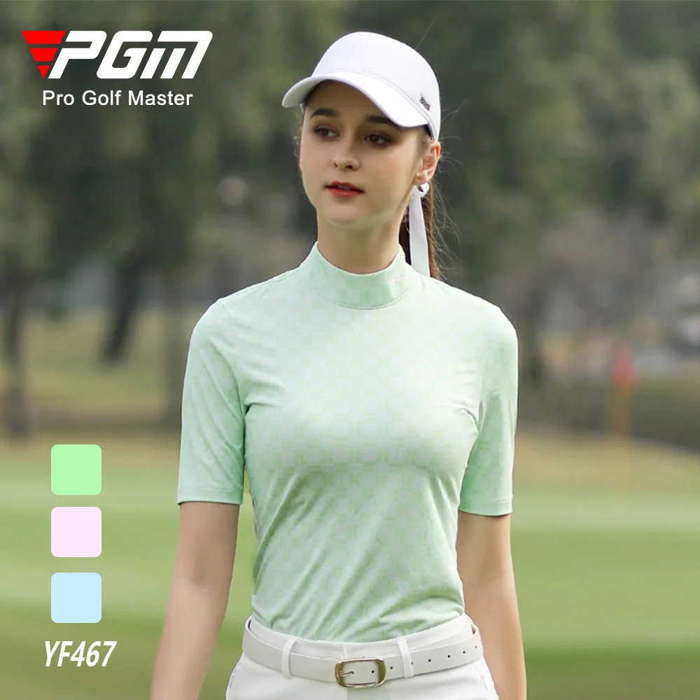 PGM Golf Shirts Women's Summer Short-Sleeved T-shirt High Neck Back Zipper Sports Top Stretch Breathable Quick Dry Golf Clothing