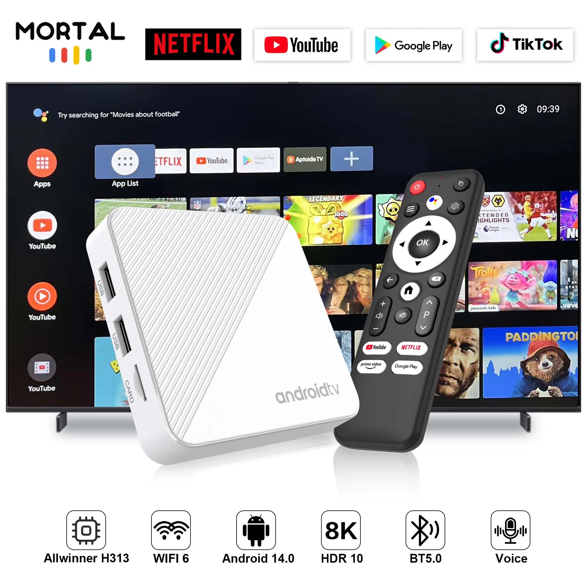 Глобальная версия Mortal T1X ATV Android 14 TV Box Allwinner H313 поддержка Google Voice Assistant WiFi6 4K BT5.0 Chromecast