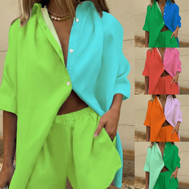 

Mandylandy Women Elegant Patchwork Tracksuit Loungewear Homewear Fashion Patchwork Loose Shirt + Drawstring Shorts Two Piece Set