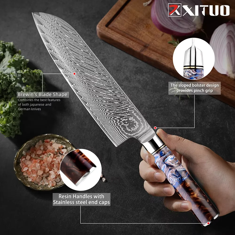 Японский дамасская сталь 7-дюймовый нож Santoku Острый кухонный для нарезки Sea Blue