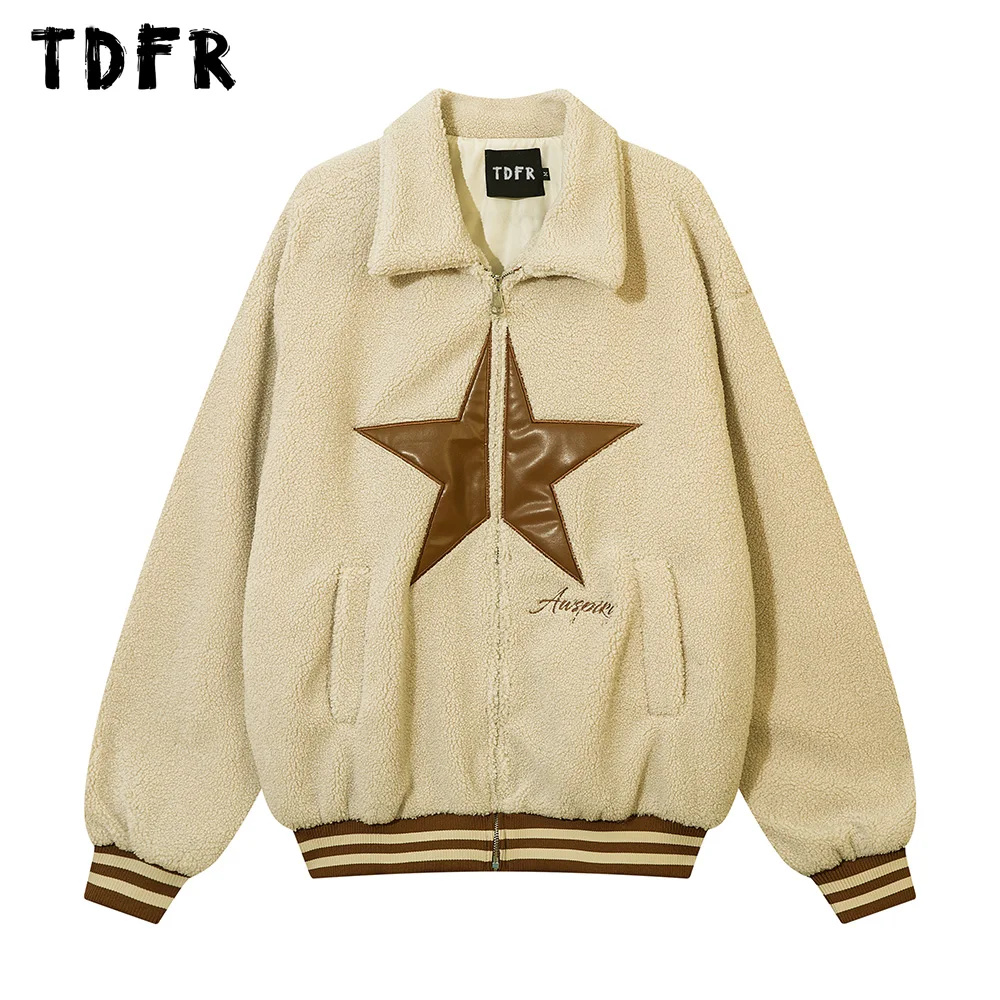 

Patch Five-pointed Star Sherpa Jacket Thick Mens Winter Casual Loose Lapel Long Sleeve Zipper Outerwear Men
