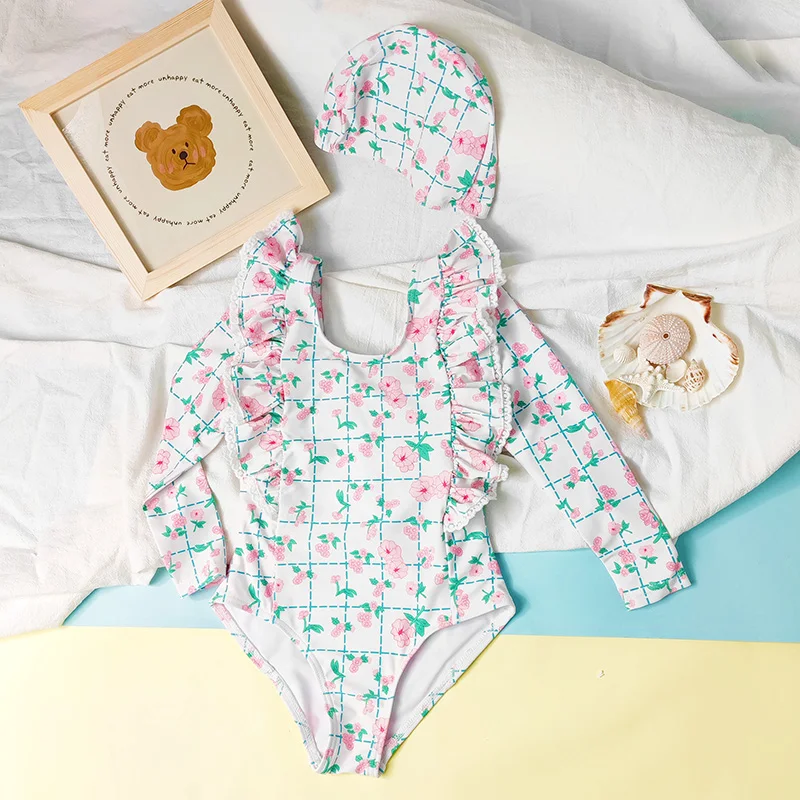 

Summer Kids Bathing Suit Ruffle Long Sleeve Floral Printed One Piece Swimsuit Girls Swimwear