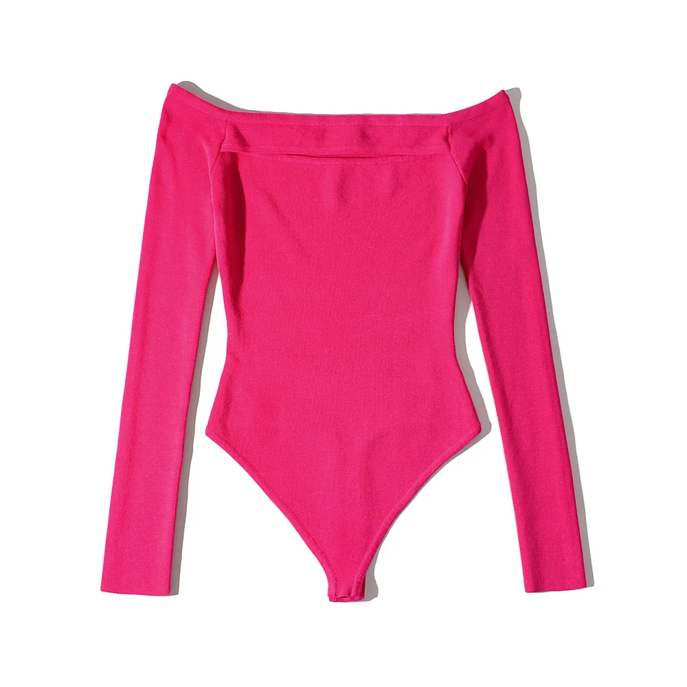 Dave&Di 2023 France Style Vintage Off Shoulder Hollow Out Sexy Office Lady Simple Fashion Knitted Bodysuits Women Tops