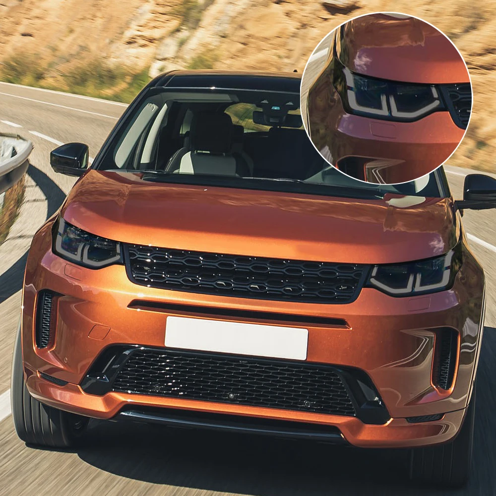 Фото Защитная пленка из ТПУ/ППФ для фар Discovery Sport 2015-2026, глянцевая, дымчато-черная, предварительно вырезанная, антицарапийная, виниловый комплект №4