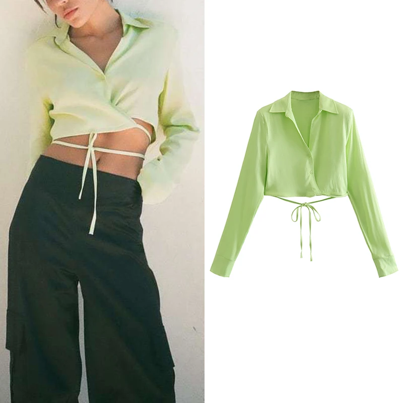 

Spring 2022 Women Solid Cropped Shirt Turn-down Collar Long Sleeve Female Fashion All-Match Tops CD8376