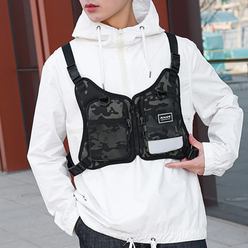 Fashion Vest Chest Bag Multifunctional Oxford Cloth Chest Rig Pouch Streetwear Reflective Stripe Adjustable Strap for Men Women