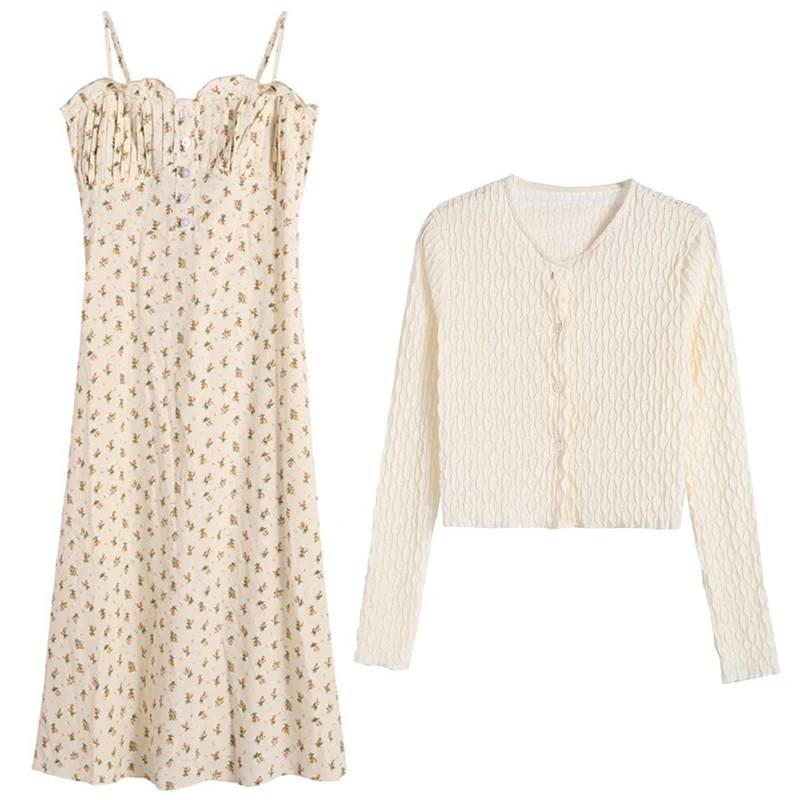 

Women Sleeveless Ruffles Trim Buttons Floral Print A-Line Midi Long Cami Dress Long Sleeve Open Front Ruched Cardigan