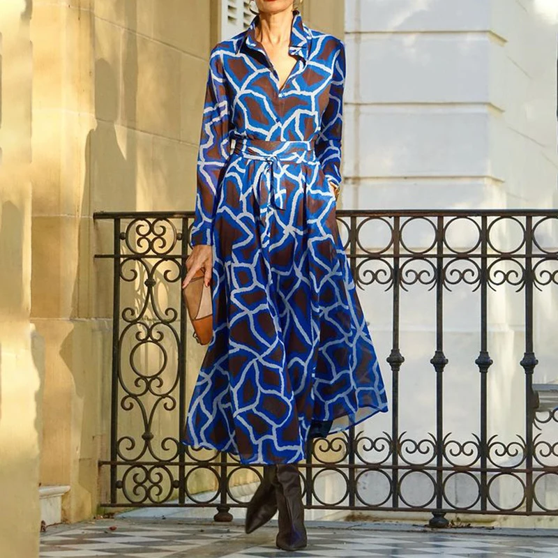 

Casual Pattern Print Lace Up Long Sleeve Dress Vintage High Waist Commuter Robe Dress Lady Temperament Lapel Pocket Shirt Dress