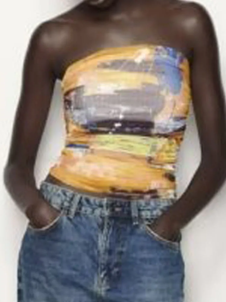 

Kumsvag 2023 Women Summer Slim Bodysuits Tops Fashion Sexy Print Strapless Mesh Fabric Female Elegant Street Short Top Clothing