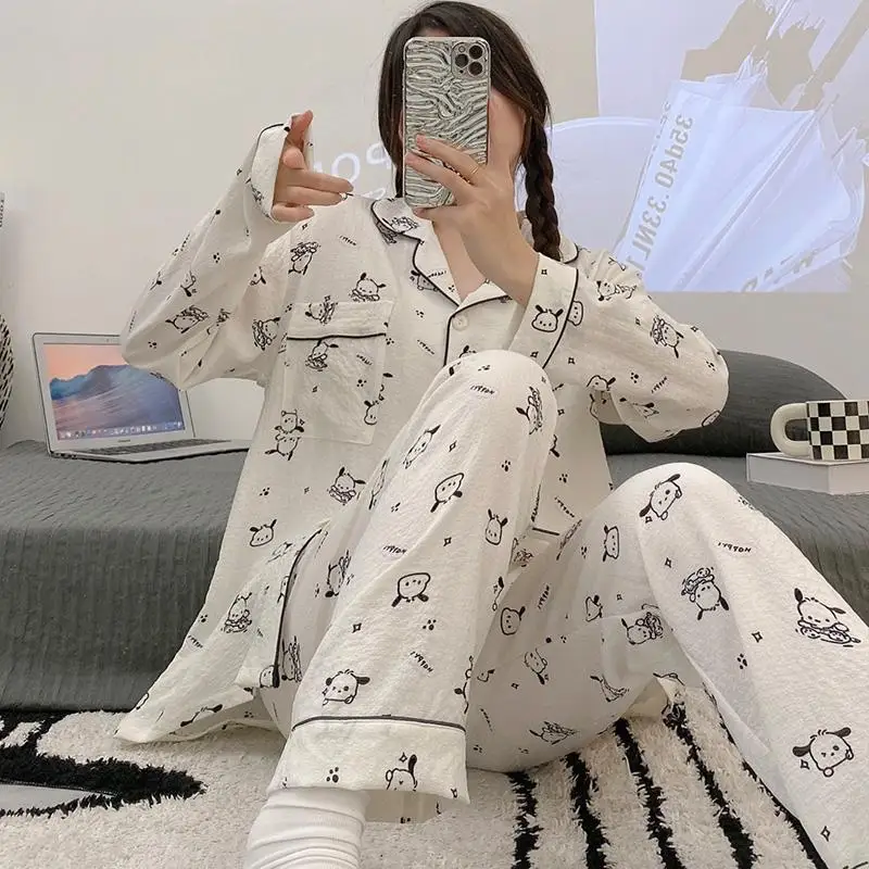 

Новинка Осенняя Пижама Sanrioed Kawaii для девочек хлопковая пончо одежда для сна симпатичная аниме мультфильм с длинными рукавами домашняя одежда