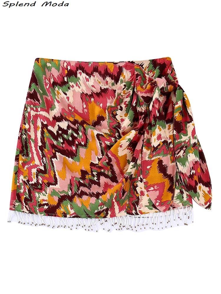 

ZA 2022 Women Summer Fashion Print Bow Tied Mini Skirt Vintage High Waist Streetwear Girl Short Skirts Casual Faldas Mujer
