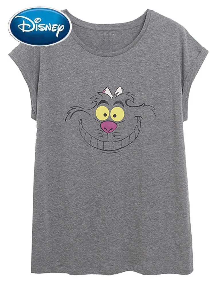 

Disney 2023 Новинка Алиса в стране чудес Чеширский кот мультяшный принт футболка Модный женский пуловер с круглым вырезом короткий рукав Повседневная футболка Топ
