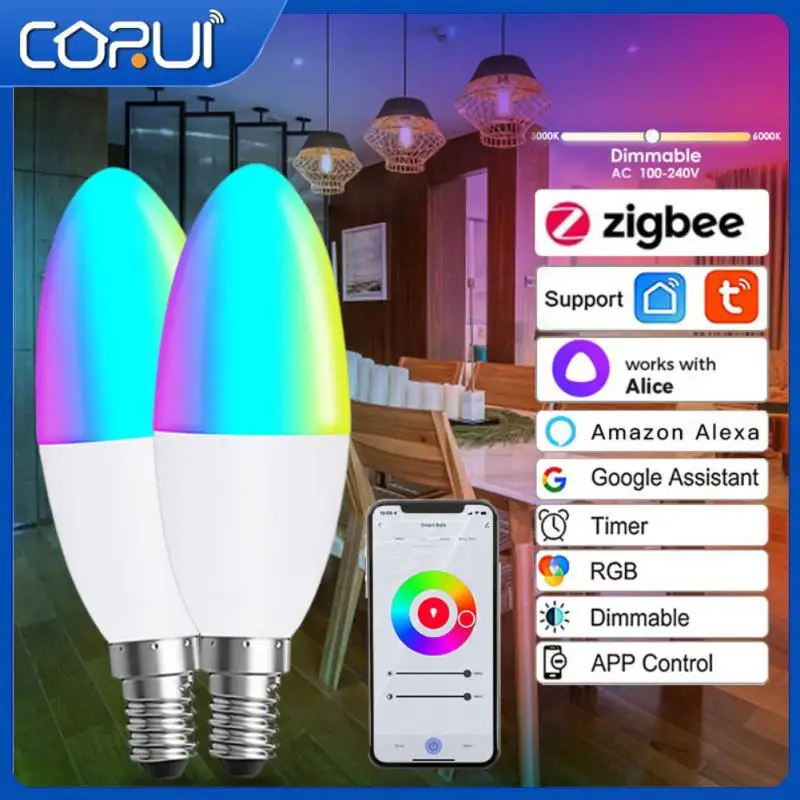 

Светодиодная лампочка CORUI Tuya E14 RGB + CCT, умный канделябр, европесветильник почка с голосовым управлением от Alexa Google Home Яндекс Алисы