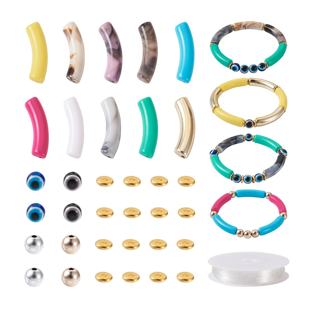 

120Pcs/set Opaque Curved Tube Acrylic Beads Stretch Bracelet DIY Jewelry Making Kits Elastic Thread Brass Spacer Beads Findings