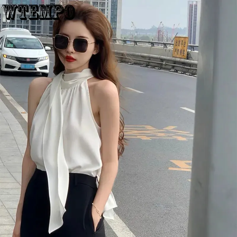High-quality Chiffon Shirt Women's Streamer Sleeveless Blouse Streetwear Halter Top Summer Solid Color Thin Breathable Crop Tops