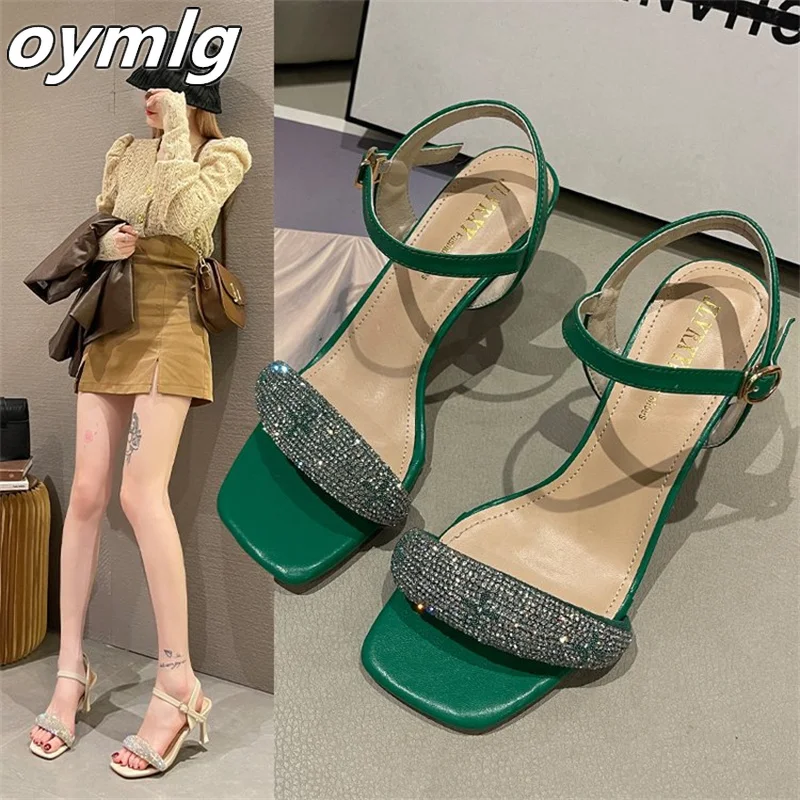 

2022 spring new rhinestone one word belt temperament high heels open toe stiletto buckle belt all-match fashion sandals women