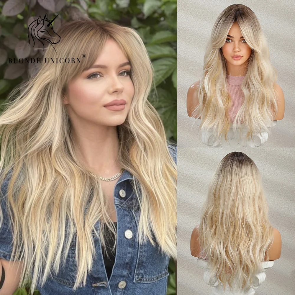 

Blonde Unicorn Synthetic Wig Ombre Brown Blonde Long Wavy Wigs with Bangs Daily Cosplay Party Use Heat Resistant Fiber for Women
