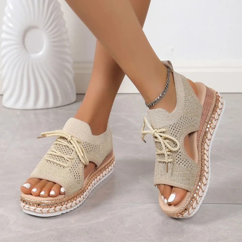 Современные сетчатые сандалии на высоком каблуке женские босоножки танкетке со