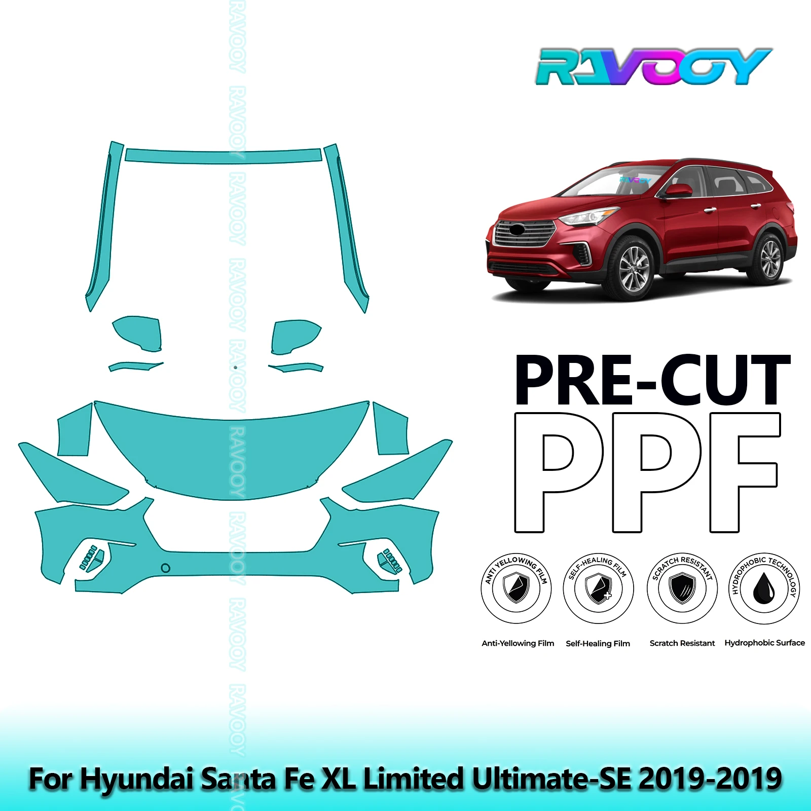 Фото Для Hyundai Santa Fe XL Limited Ultimate-SE 2019-2019 Частичный передний предварительно вырезанный комплект защитной пленки для кузова (PPF). |   Прозрачный/Матовый/Чёрный №1