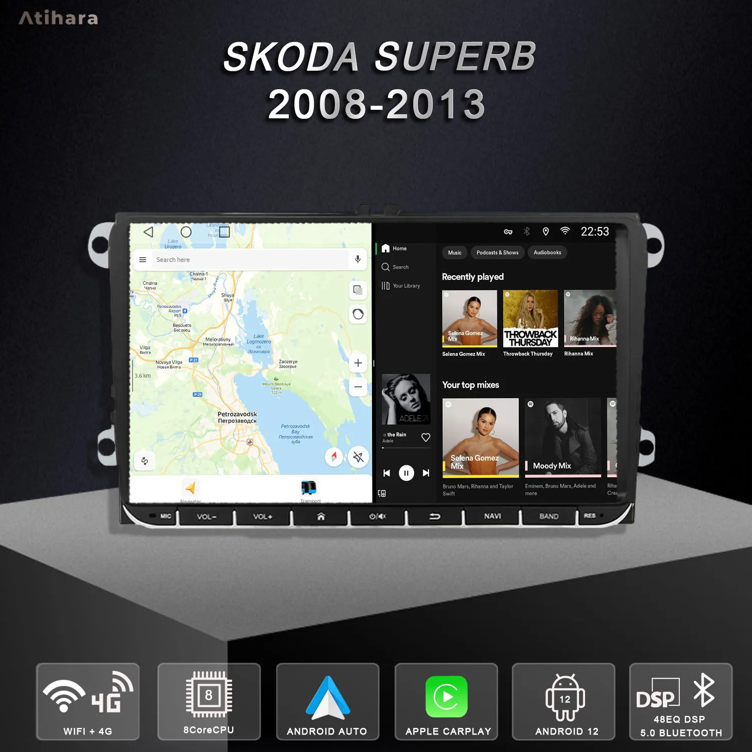 Atihara 9 &quotAndroid Carplay Auto для Skoda Superb 2008-2013 WIFI + 4G HD Мультимедийный видеоплеер AM/FM RDS DSP BT 5 0