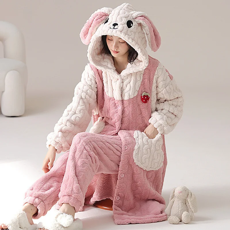 Panda Cartoon Cute Winter Warm Nightwear for Women Coral Fleece Robe &amp Pant 2Pcs/set Sleepwear with Hood Young Girl Mujer Pyjama
