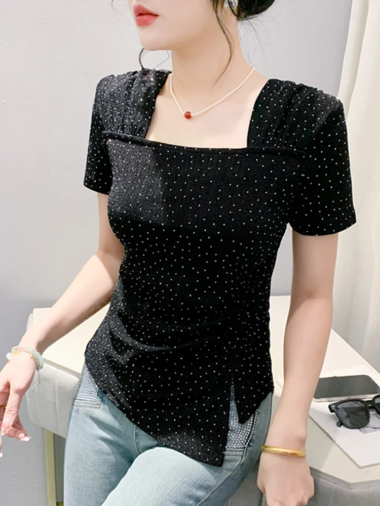 Европейские товары Женская футболка с нерегулярным разрезом и коротким рукавом