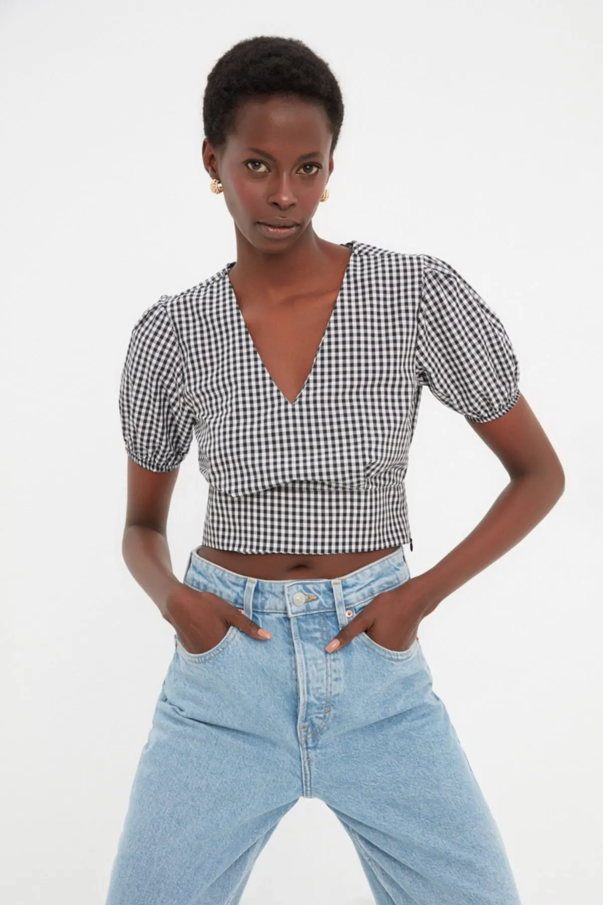 

Women's Summer Crop Top Blouse Black V-Neck Short Sleeve Crop Blouse Casual Tank Top Vest Blouse