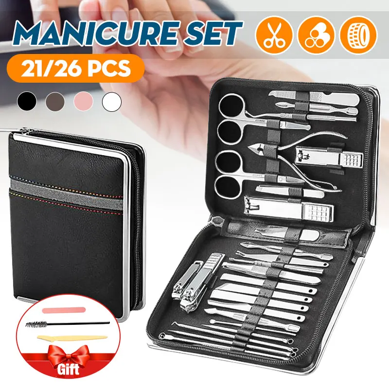26 pcs set Stainless Steel Nail Clipper Cutter Trimmer Ear Pick Grooming Kit Manicure Set Pedicure Toe Nail Art Beauty Tools Kit