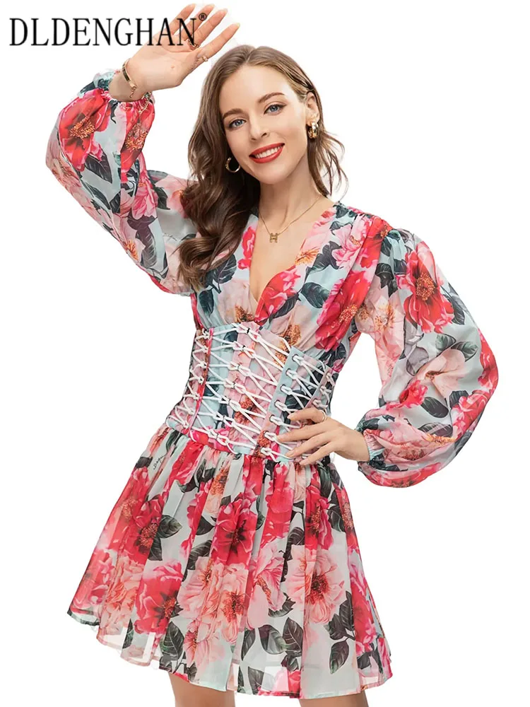 

DLDENGHAN Spring Summer Mini Dress Women V-Neck Lantern Sleeve Lace-up Flowers Print Bohemian Vacation Dress Fashion Runway New