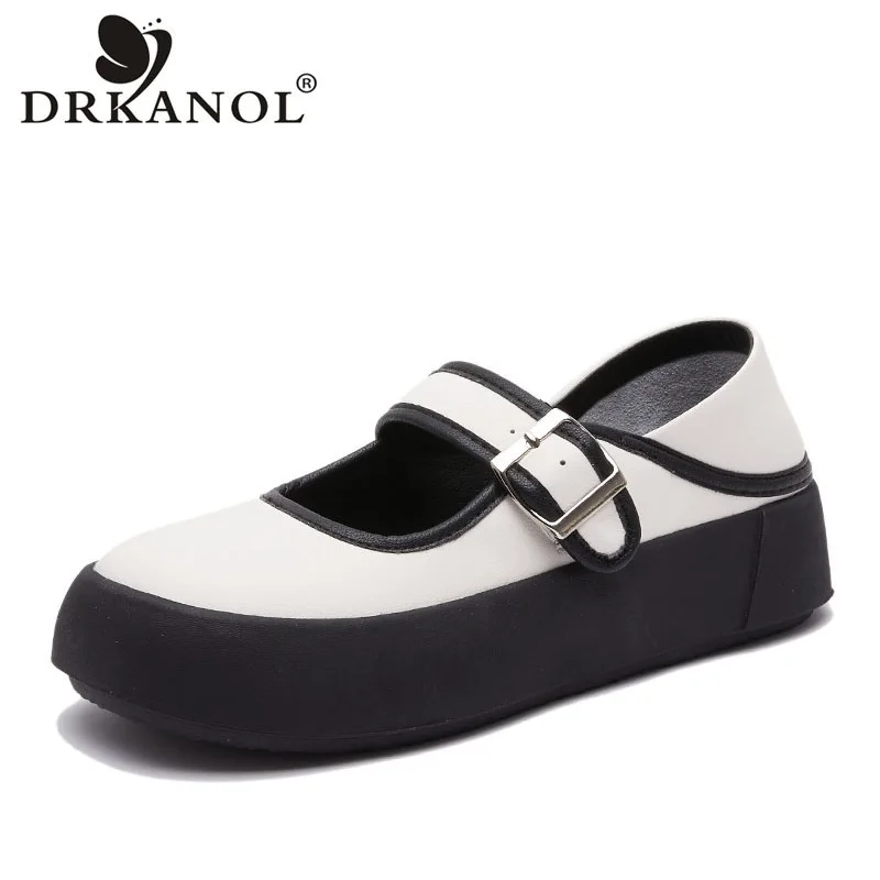 

DRKANOL Concise Women Loafers Shallow Genuine Leather Metal Buckle Flat Platform Shoes Women College Style Comfort Casual Shoes