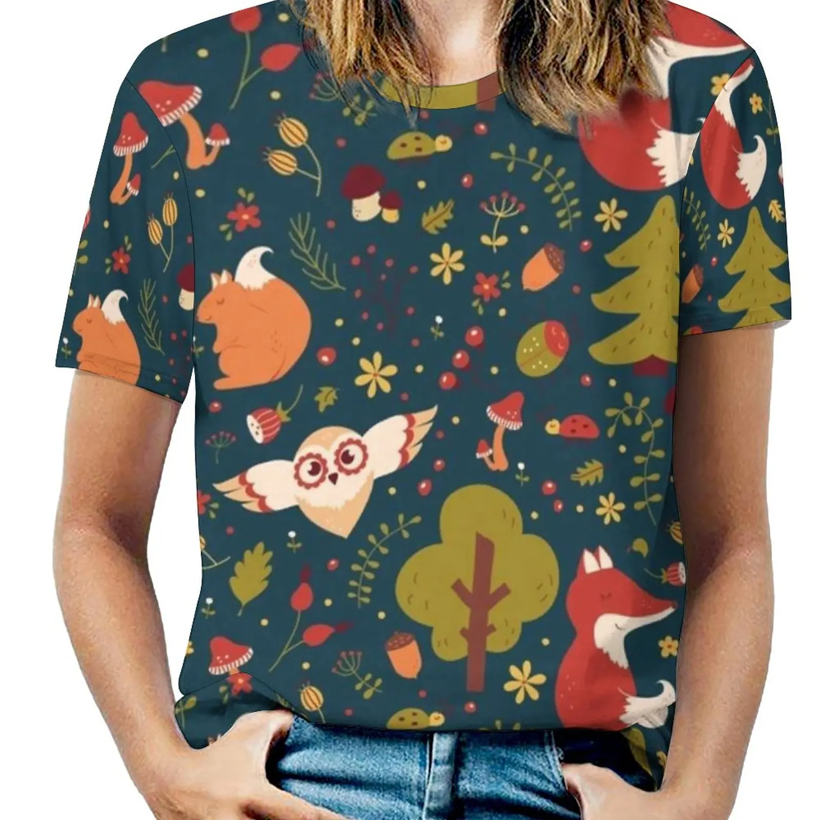 

Dreamy Forest Fashion Print Women Ladies Girls T-Shirt Harajuku Round Neck Short Sleeve Tops & Tees Baby Woodland Animal Tree