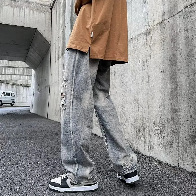 Summer Ripped Baggy Jeans Men Fashion Retro Straight Jeans Men Japanese Streetwear Hip Hop Loose Hole Denim Pants Mens Trousers