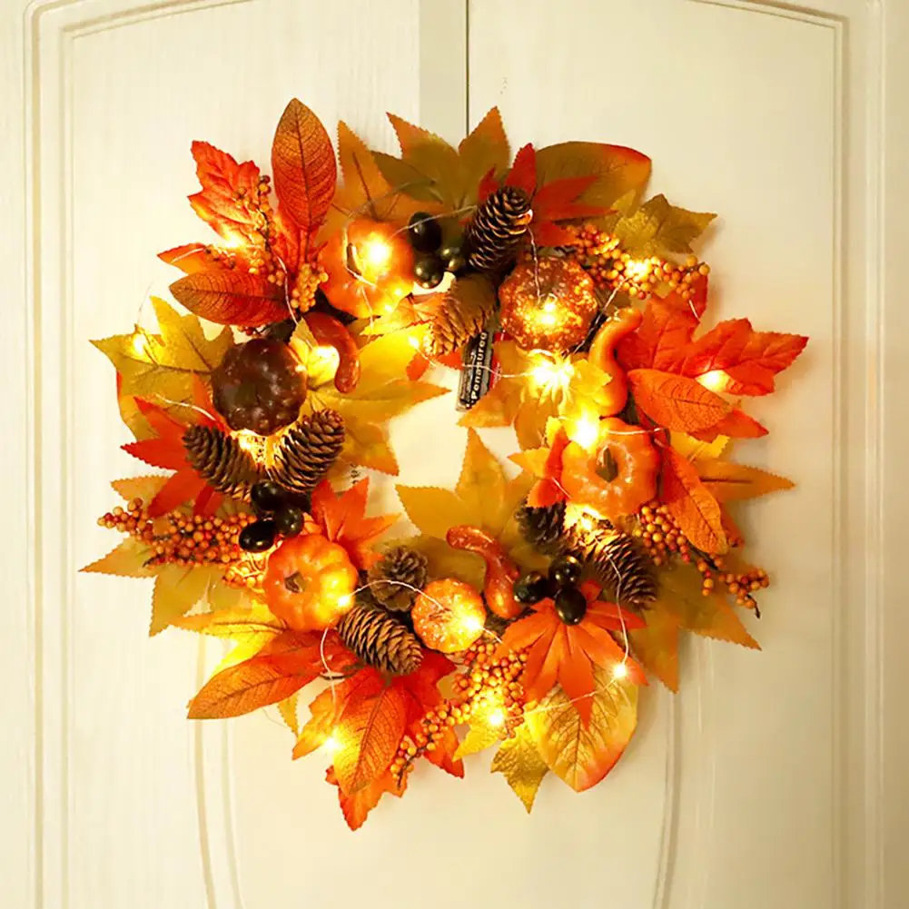

18" Fall Wreath Artificial Pumpkins Maple Leaves Pine Cone Autumn Harvest Wreath Outdoor Halloween Thanksgiving Decorations