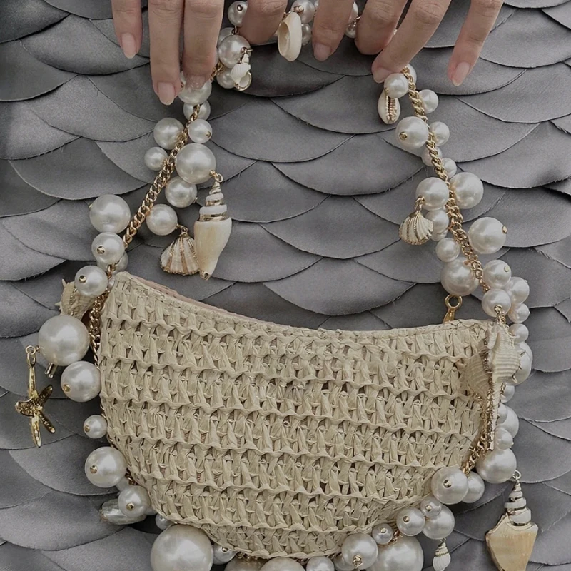Handmade Woven Half Moon Straw Bag Designer Pearl Starfish Handbag Summer Bohemian Holiday Beach Bag Female Shoulder Bag