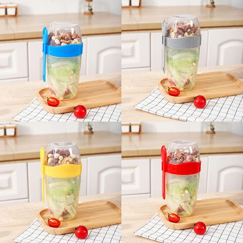 Two-Layers Breakfast Oatmeal Cereal Nut Yogurt Salad Seal Cup Portable Container Set With Fork Cup Lid Bento Bowl Lunch Box
