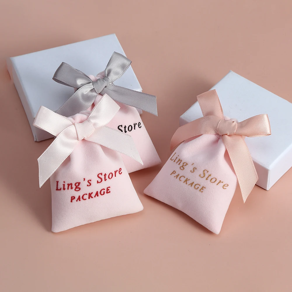 50Pcs Pink Velvet Bag with Ribbon Flannel Jewelry Bag Gift Pouch for Wedding Candy Gift Packing Christmas Decoration Custom Logo