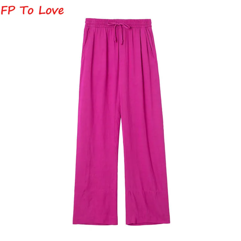 

Hot Pink Elegant Wide Leg Pants Pajamas Style Pocket Elastic Wasit Sashes Long Trousers Woman Chic Sets 3103452 FP To Love