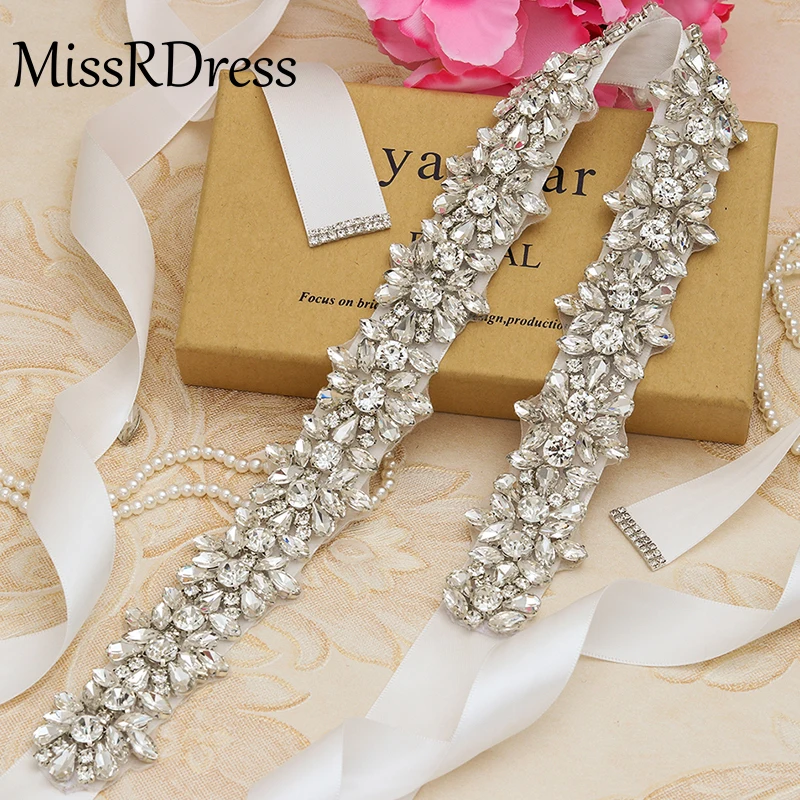 

MissRDress Crystal Wedding Belt Silver Diamond Bridal Belt Satin Rhinestones Bridal Sash For Wedding Accessories JK817