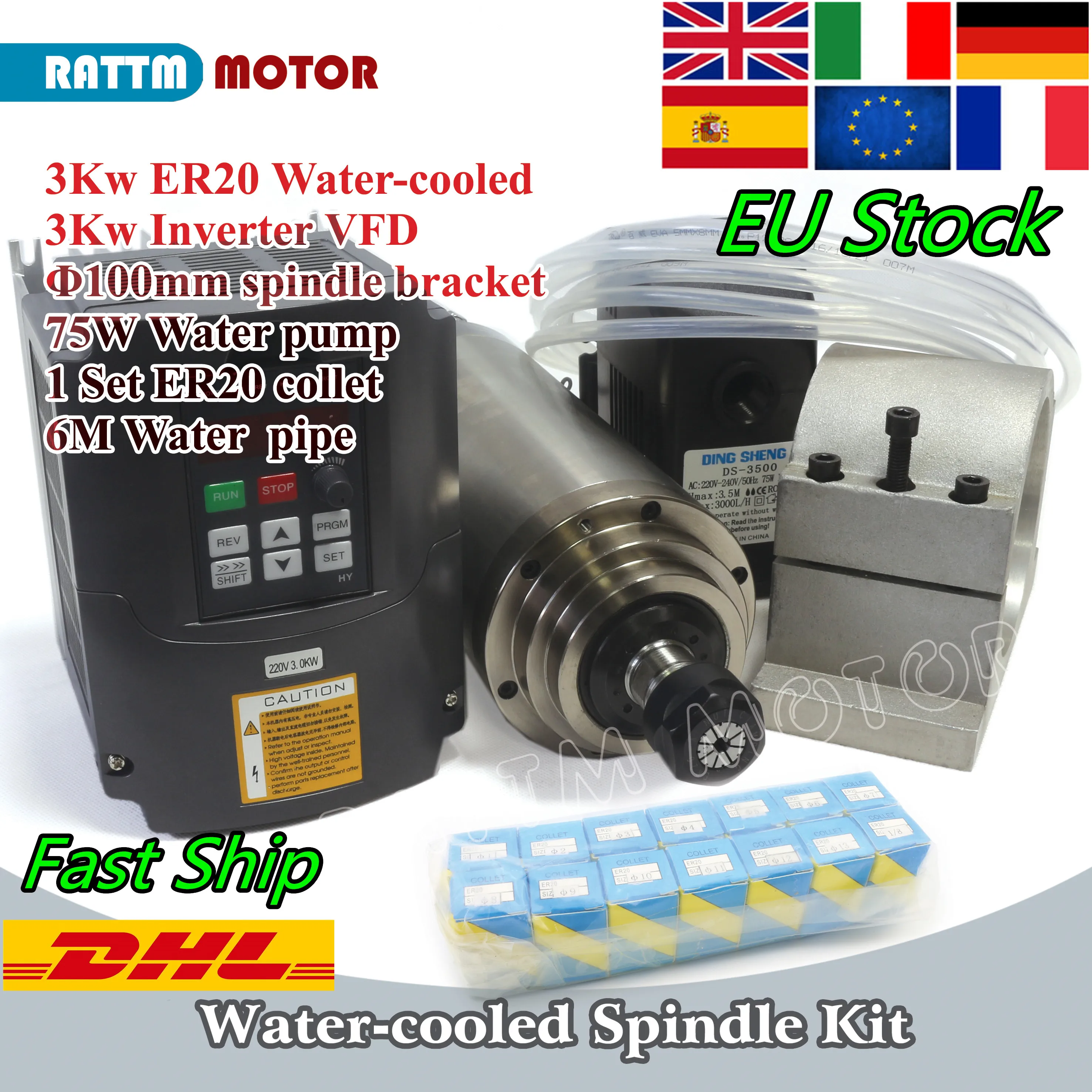 [ЕС Бесплатная доставка] комплект ЧПУ 3 кВт Мотор водяного охлаждения шпинделя ER20 220 В и инвертор HY VFD 4HP и кронштейн 100 мм и водяной насос 75 Вт и цанги