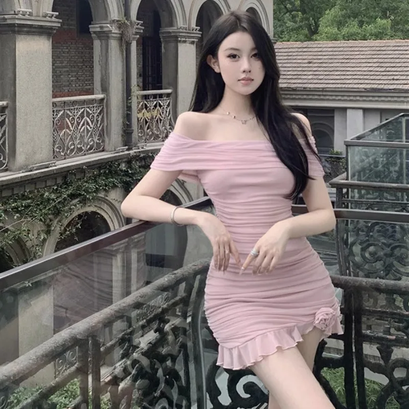 

Women's Dress Mesh Off Shoulder Above Knee Dresses Shirring Slash Neck Vestidos Bodycon Internet Celebrity Anchor Dropship