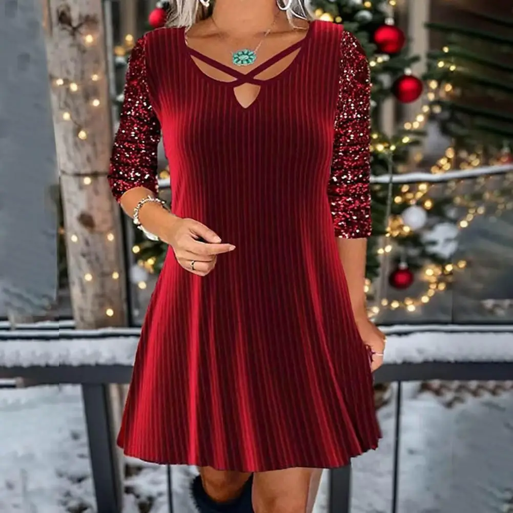 

Loose Hem Dress Vintage Prom Party Mini Dress Shiny Sequin V-neck A-line with Soft Pullover Long Sleeves Hollow Out Detail Retro