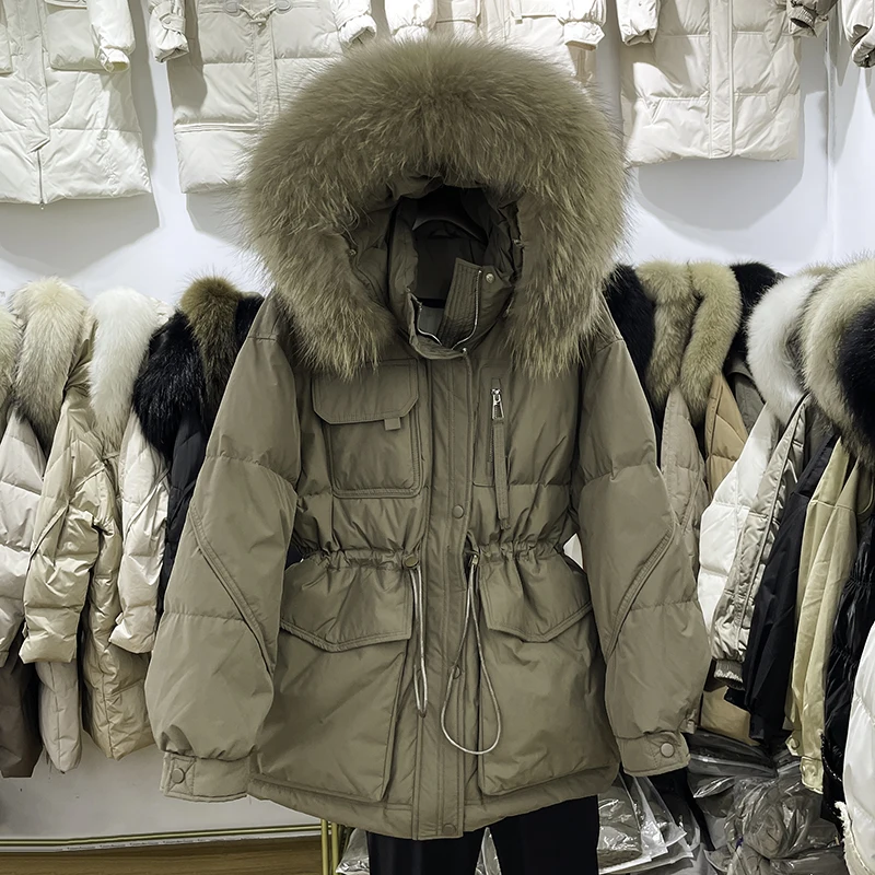 

2023 Short Puffer Jacket Women 90% Duck Down Coat Huge Real Raccoon Fur Hooded Winter Thicken Female Feather Parkas